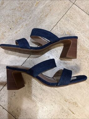 Kelly & Katie Denim-Look Navy Block Heel Sandals
